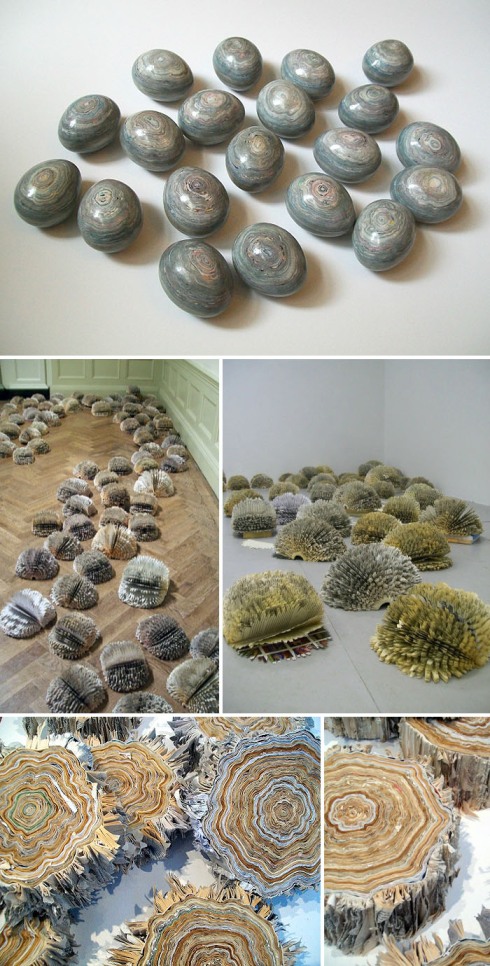 paper sculpture, paper objects. paper eggs, tree trunks, recycled art, installations, julie dodd