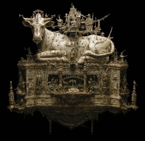 Incredibly intricate sculptures of gods, goddesses, monsters, and war, sacred cow, Kris Kuksi, 