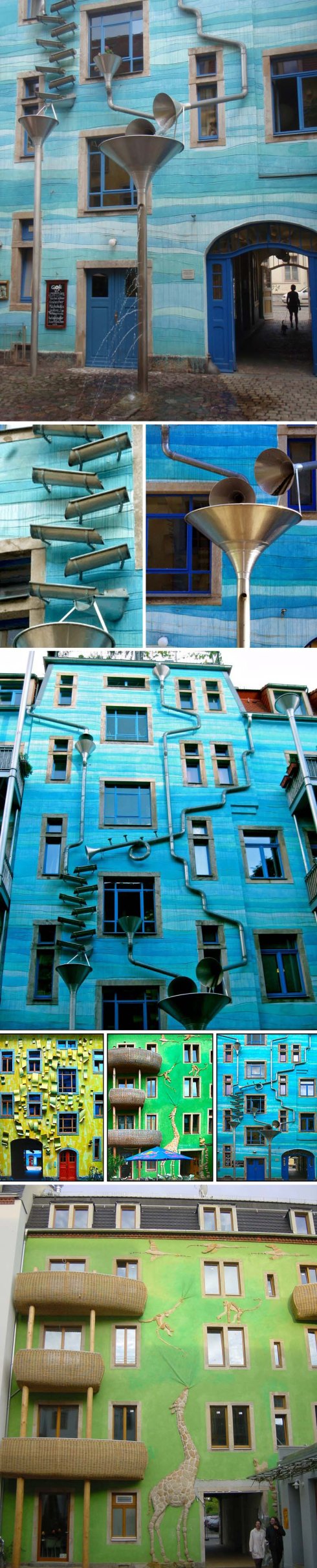 Kunsthof Passage, musical rain facade, gutters and funnels as instruments, dresden, germany, fun building