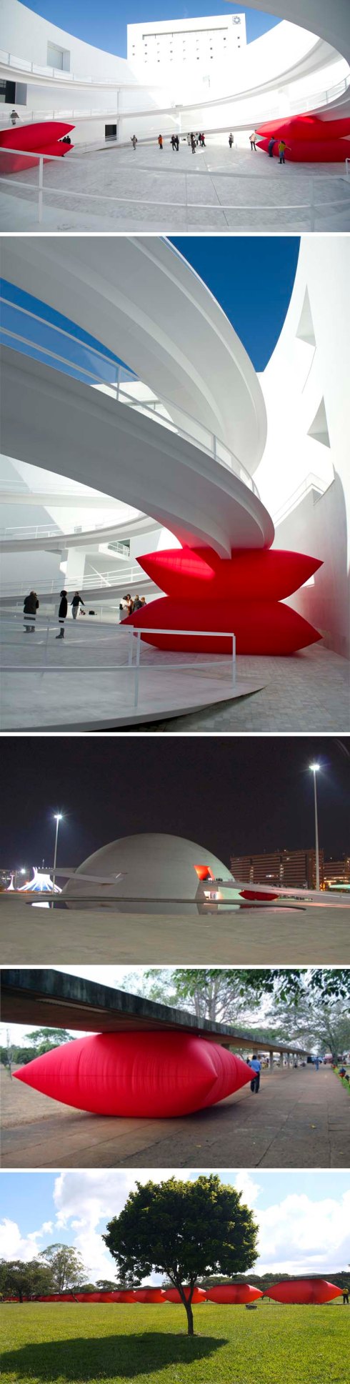 Inflatable art installation, AiOP NYC, Geraldo Zamproni's large red pillow, contemporary brazilian sculpture and installations