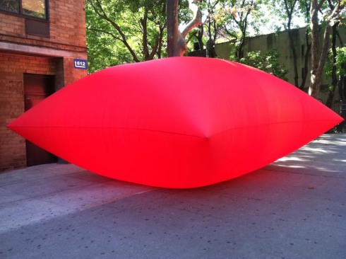 Inflatable art installation, AiOP NYC, Geraldo Zamproni's large red pillow, contemporary sculpture and installations