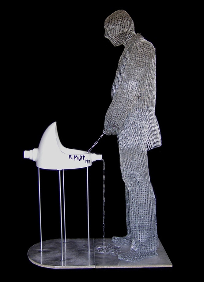 Wire sculpture, paperclip sculpture, urinal, suited man, Italian art