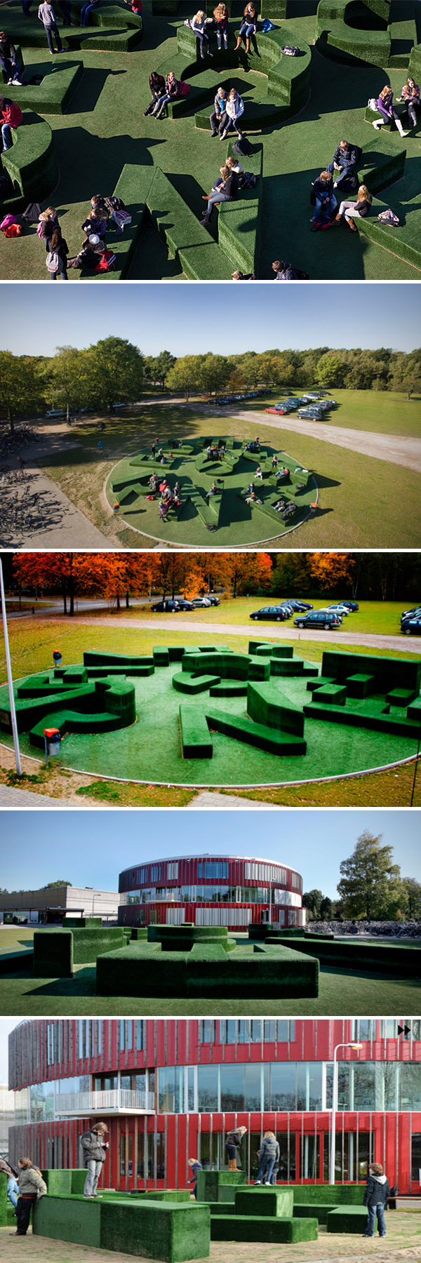 art installation, typography garden, Twents Carmel College outdoor seating structure in Oldenzaal, The Netherlands