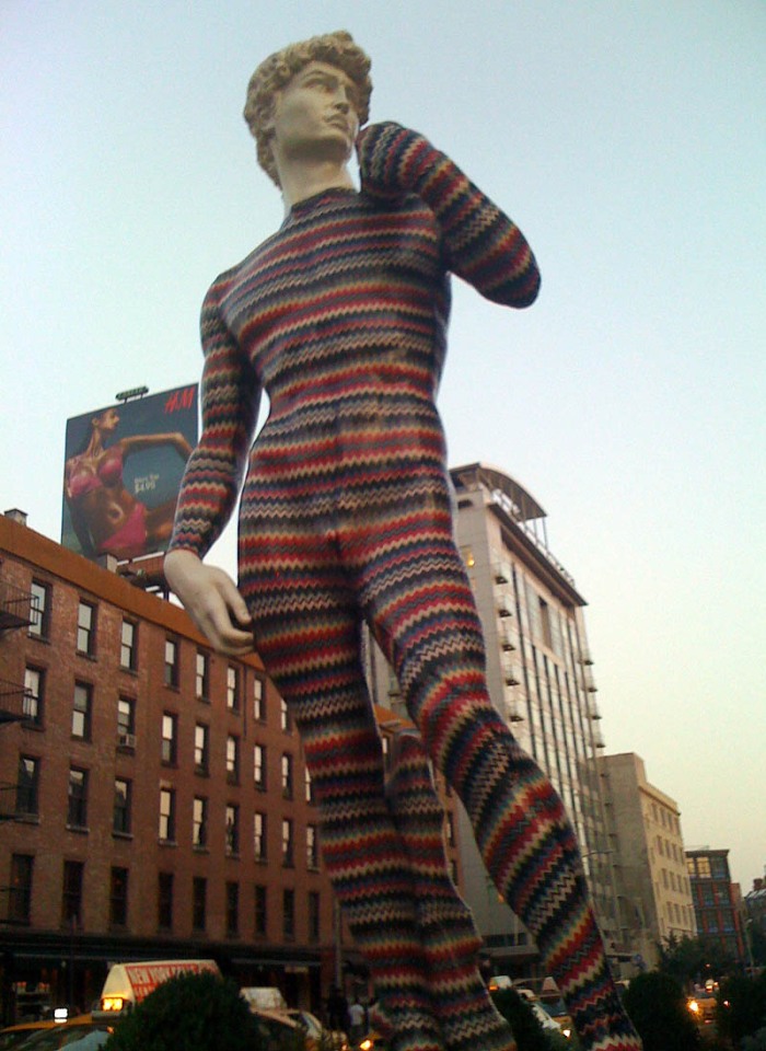 Missoni sculpture in Meatpacking district, NYC, dEmo and Luca Missoni collaboration, The David, fun sculpture, installation