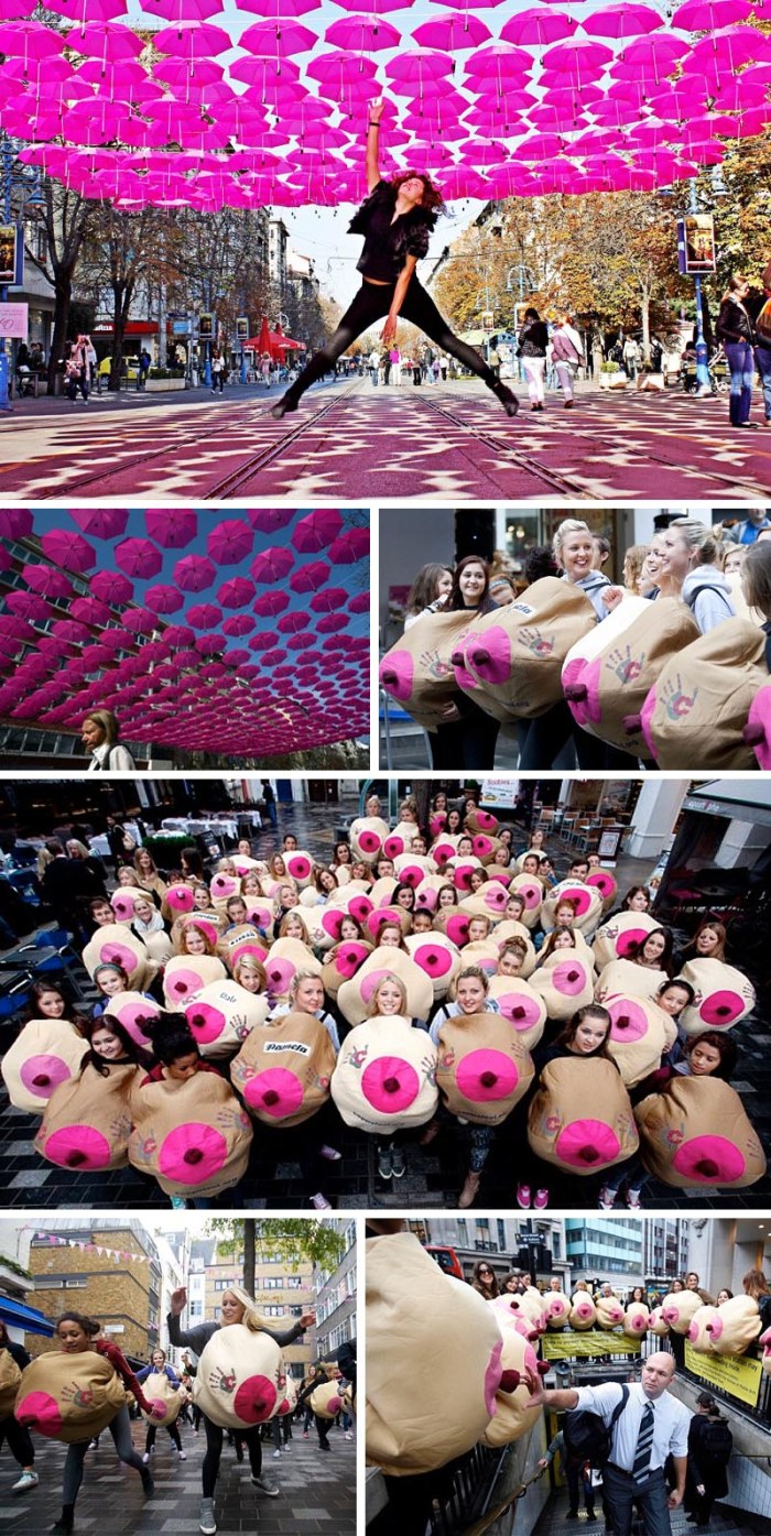 Pink Umbrellas for Cancer Awareness in Bulgaria; Coppafeel's Boob Flash Mob in London, Cancer Awareness Month Events