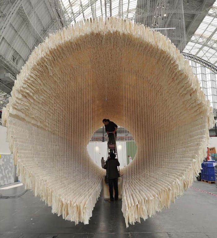 Chinese Contemporary Art, cool art installation made with rice paper and bamboo by Zhu Jinshi titled Boat, Art13 London
