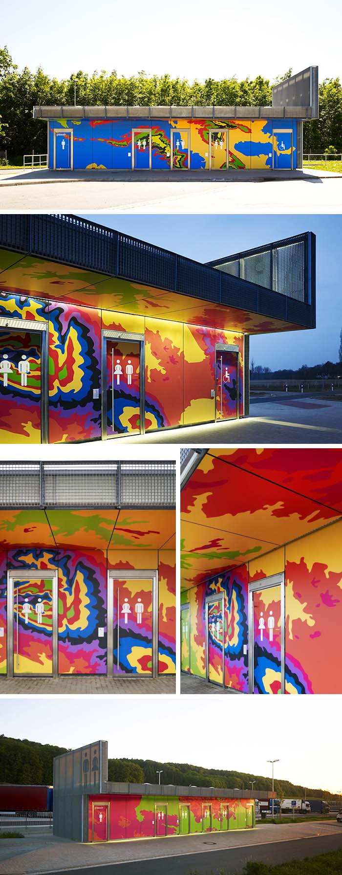 Colorful topographic Rest stop bathrooms in Saxony Germany by Büro Uebele, Motorway Toilets, Map-clad reststops