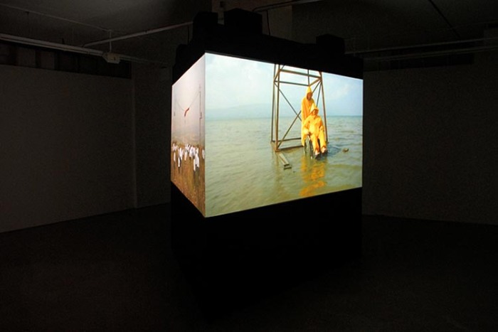 Oded Hirsch, 50 Blue, Video and Stills, wheelchair lifted by pulley to see view, contemporary Israeli art