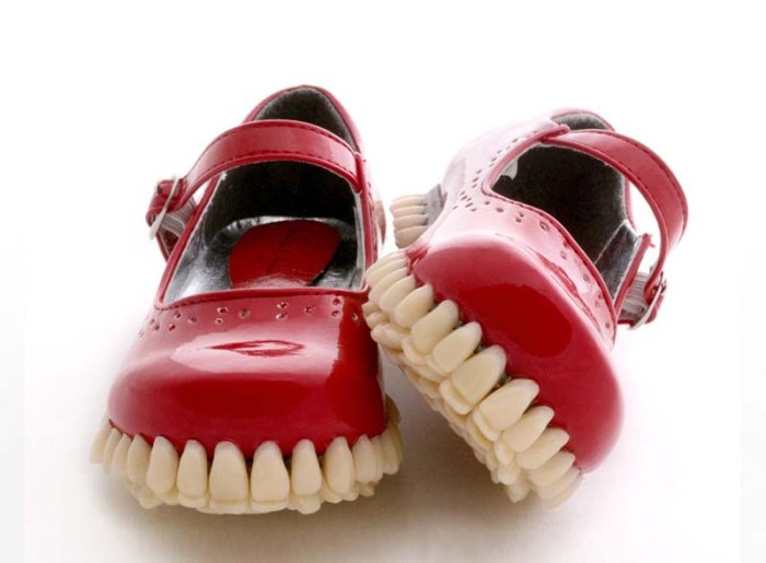 Apex Predator shoe sculptures with teeth/dentures as soles by Fantich and Young